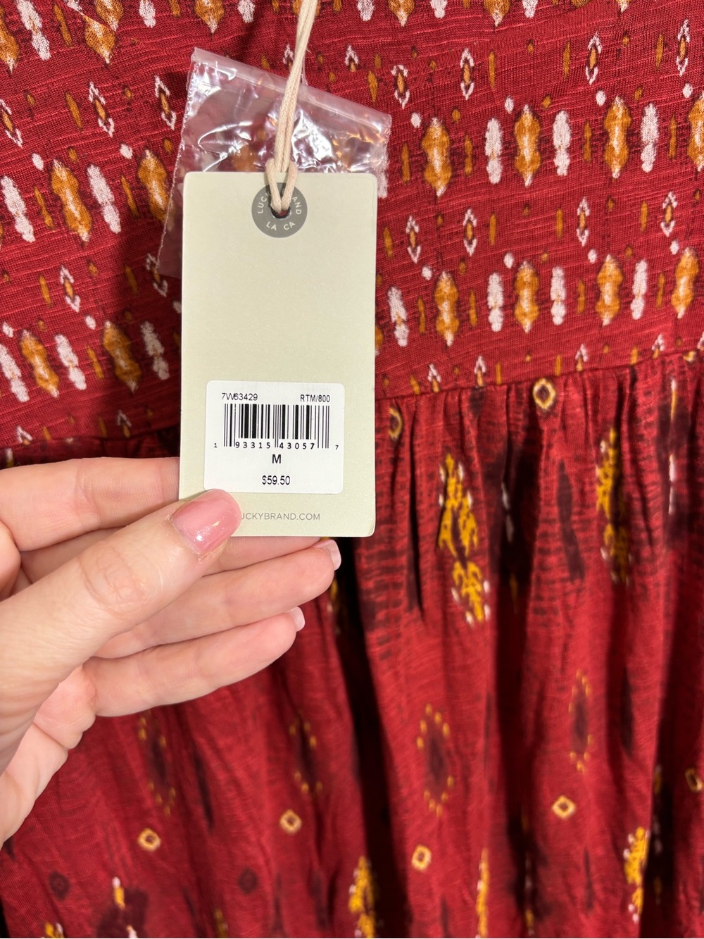 NWT Burnt Orange Top Viscose Lucky Brand Ikat Boho Fall Tunic Flowy M - Picture 4 of 8